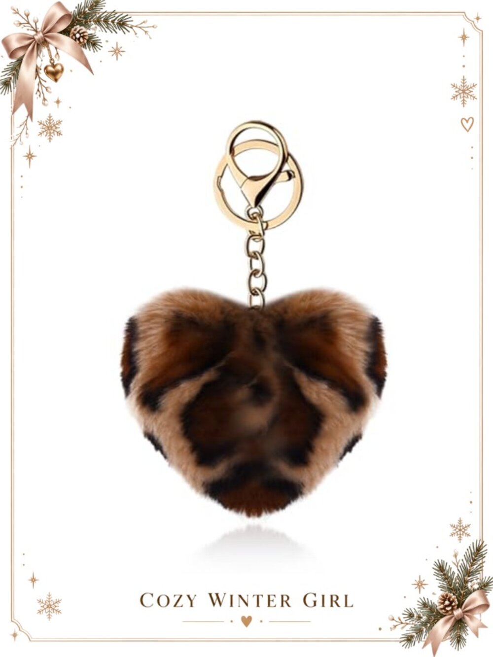 Faux Fur Leopard Heart Keychain Purse Charm Plush Bag Accessory